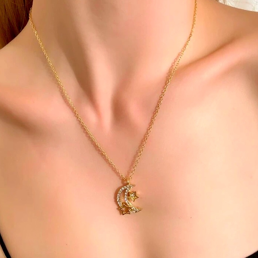 Celestial Elegance: Gold Moon and Star Necklace for Women